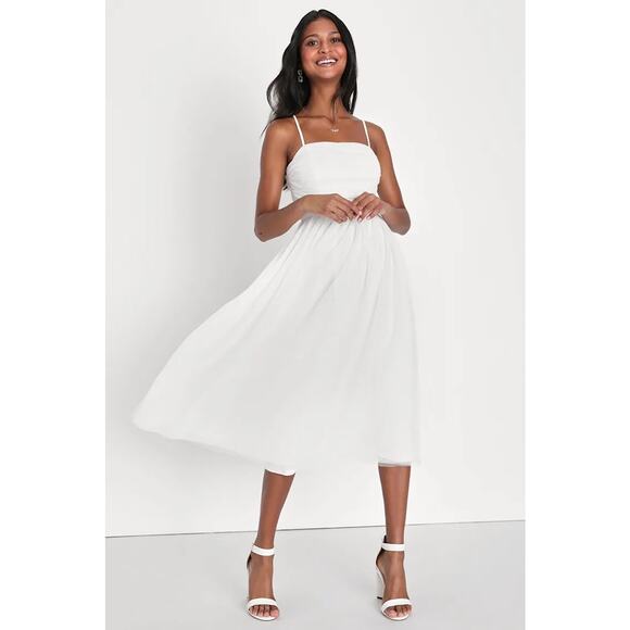 Lulus Darling Sweetheart White Swiss Dot Ruched Midi Dress Size M - Picture 1 of 6